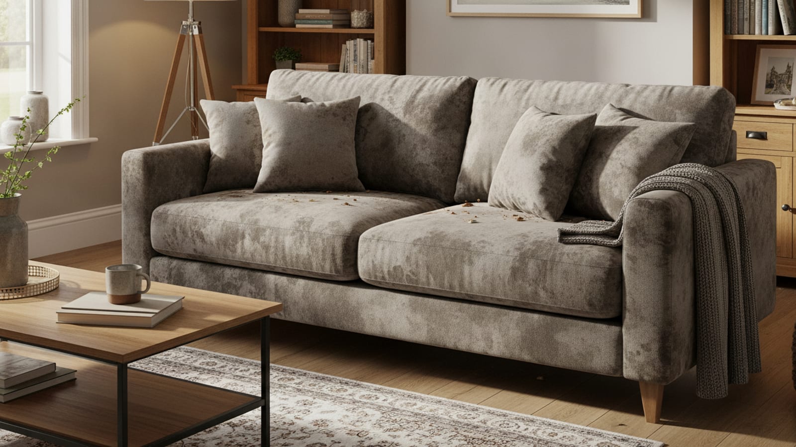 A soiled fabric sofa before upholstery cleaning
